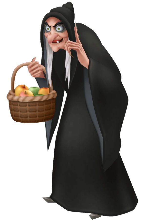 an evil wizard holding a basket full of fruit and pointing to it's side