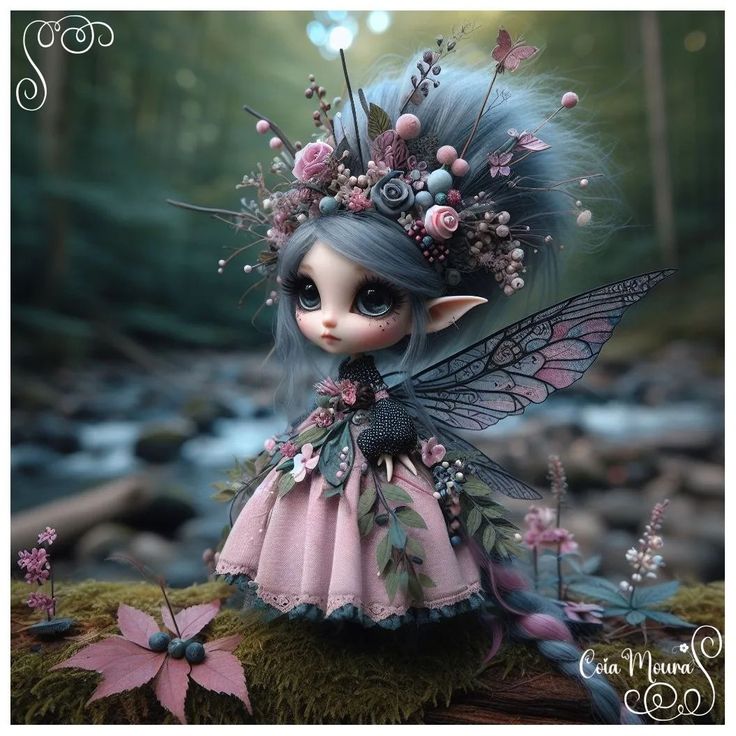 a fairy doll sitting on top of a moss covered ground next to flowers and butterflies