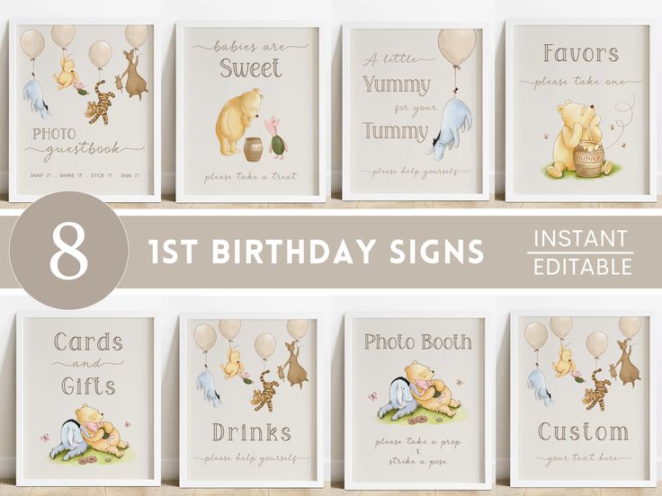 eight birthday signs with winnie the pooh characters