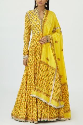 Shop for Nazar by Indu Yellow Cotton Block Print Anarkali Set for Women Online at Aza Fashions Tiered Anarkali, Block Print Anarkali, Churidar Sleeves, Anarkali Churidar, Embroidered Neckline, Churidar, Indian Design, Set For Women, Anarkali