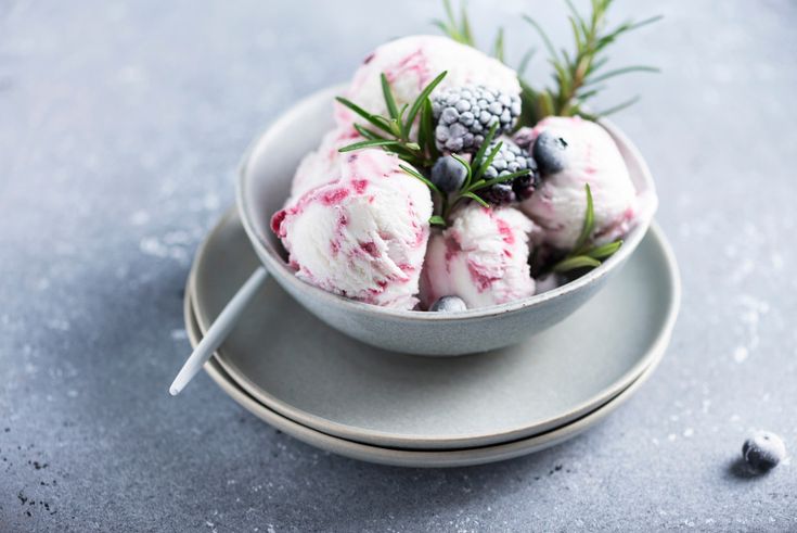 a bowl filled with ice cream and berries