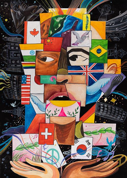 a painting with many different colors and symbols on it's face, including hands