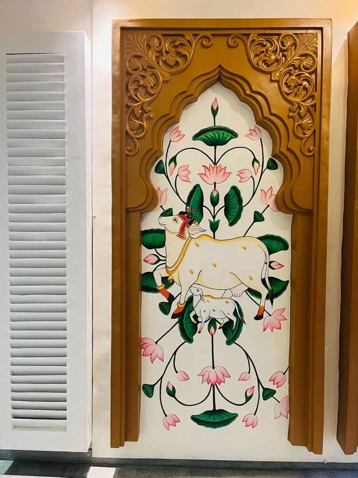 the door is decorated with flowers and leaves