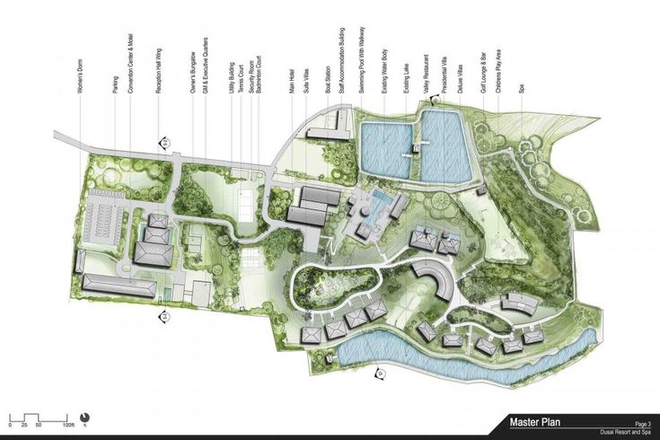 the site plan for an urban park with several different buildings and water features, including a pond