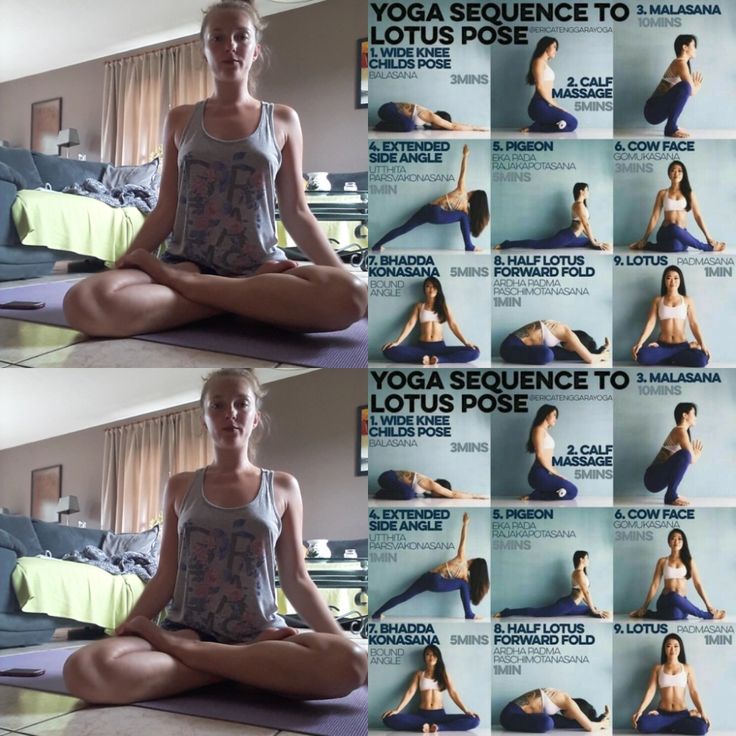 there is a woman doing yoga in front of a poster with instructions on how to do the splits