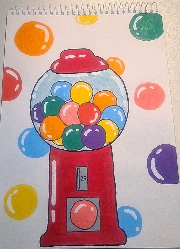 a drawing of a gumball machine with lots of balls on it's top