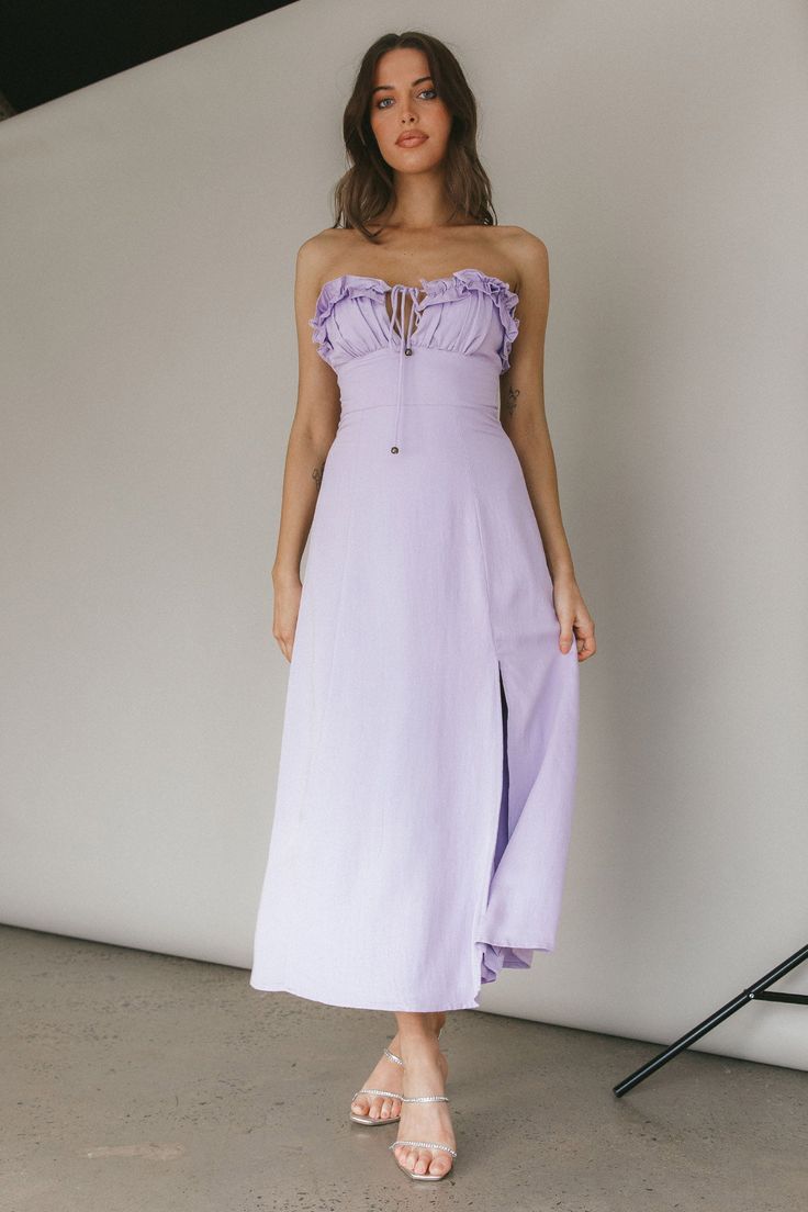 Shop the Under The Sun Tied Bust Midi Dress Lilac | Selfie Leslie Lilac Midi Dress, Tan Mules, Saturday Brunch, Brunch Dates, Selfie Leslie, Dress Lilac, Yellow Bridesmaids, Red Bridesmaids, Lilac Dress