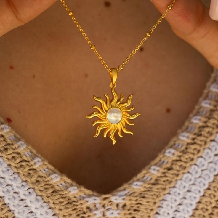 Wear this as your reminder to shine the light that is within you. Be kind, choose joy, give love. Be the light in your own life, and in the life of others. Size Pendant: 1 inch circumferenceChain: 24" or 61cm length Material Pendant: Sterling Silver and 18K Gold Vermeil (a thick layer of solid gold over sterling silver) with mother of pearl centerChain: Sterling silver and 18K Gold Vermeil Italian chain Quality Lead and nickel free. Our gold vermeil is 8 microns thick (higher than industry avera Spiritual Adjustable Sun Design Necklace, Adjustable Spiritual Sun Design Necklace, Adjustable Spiritual Necklace With Sun Design, Italian Chain, Mantra Bands, Give Love, Shine The Light, Talisman Necklace, Be The Light