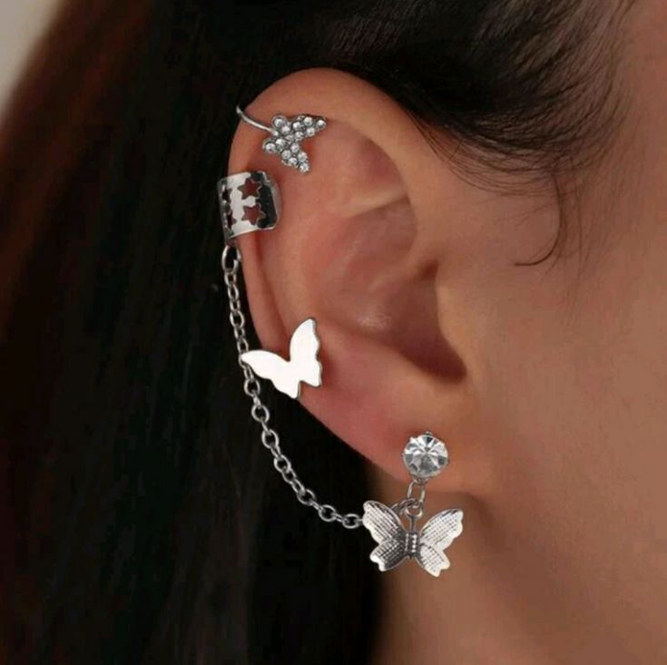 Alloy/ Iron Ear Cuff Set Silver Color H 0.7 In W 0.5 In Color Circle, Fake Piercing, Butterfly Earrings Stud, Ear Cuff Earings, Butterfly Earrings, Cuff Earrings, Clip Earrings, Sparkling Crystal, Ear Jewelry