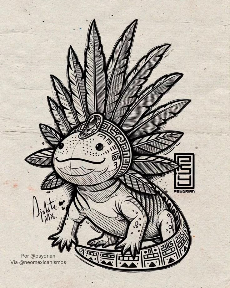 a drawing of a lizard with feathers on its head