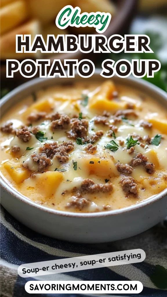 cheesy hamburger potato soup in a white bowl with cheese and meat on top