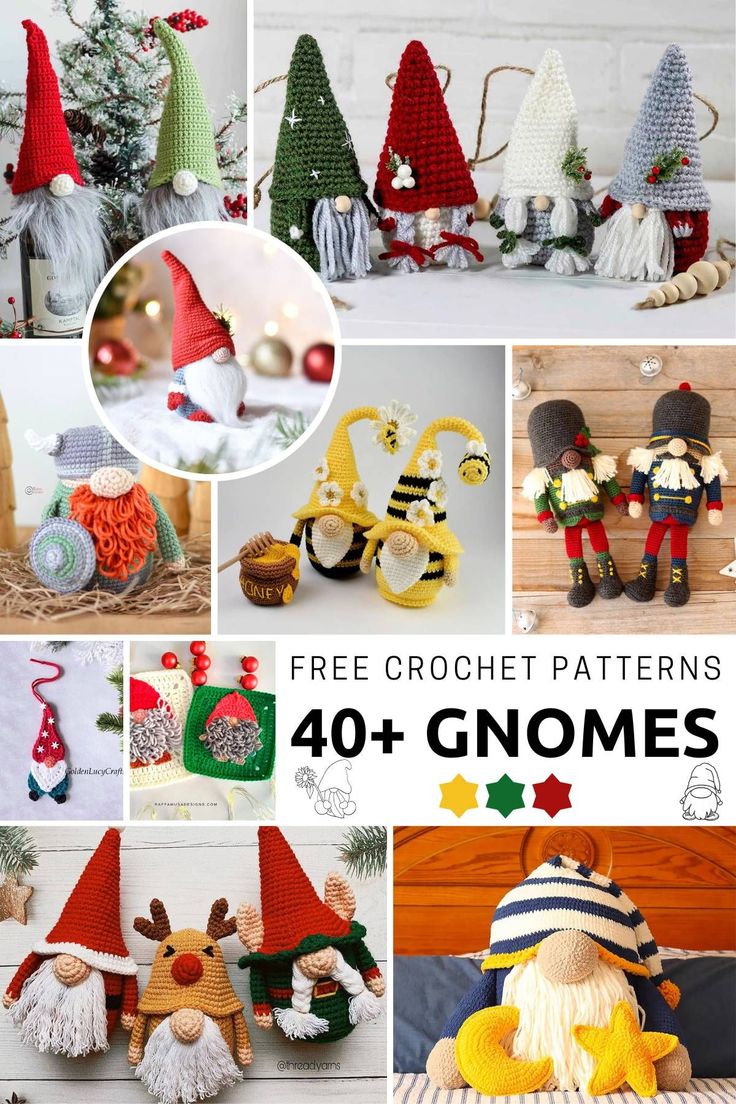 free crochet patterns for christmas gnomes and other holiday decorating items, including ornaments