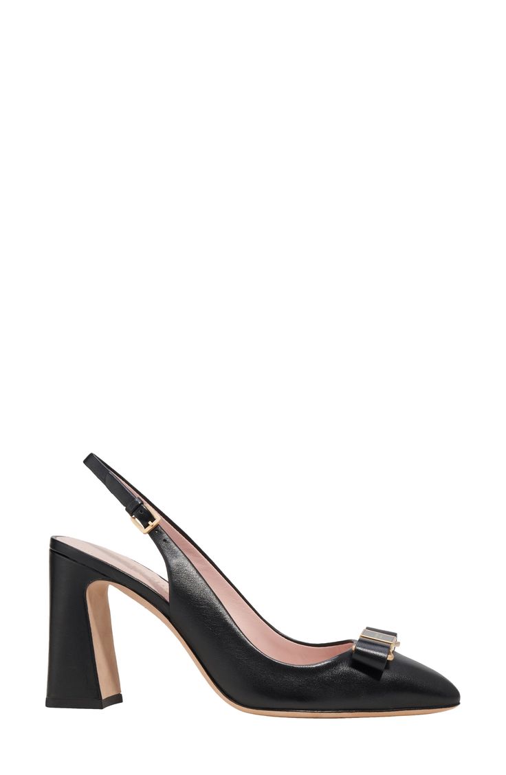 A dainty bow punctuates the pointy toe of this leather slingback set atop a flared heel. 4" heel Leather upper, lining and sole Imported Feminine Leather Slingback Pumps For Evening, Formal Bow Straps Block Heels, Leather Slingback Pumps With Bow For Evening, Elegant Leather Slingback Pumps With Bow Straps, Evening Leather Slingback Pumps With Bow, Elegant Leather Heels With Bow Straps, Leather High Heels With Bow Straps, Leather Slingback Heels With Bow Straps, High Heel Leather Heels With Bow Straps