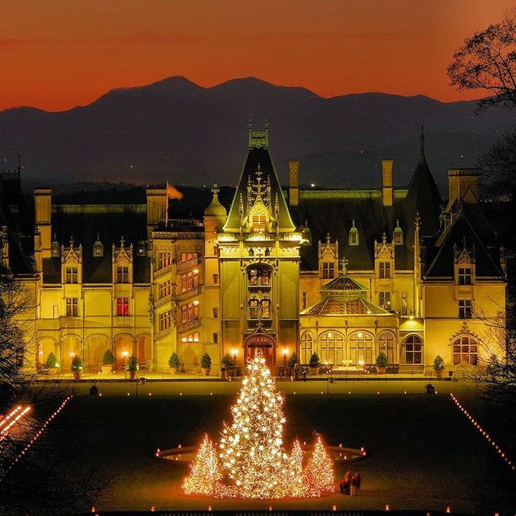 a christmas tree is lit up in front of a large building with mountains in the background