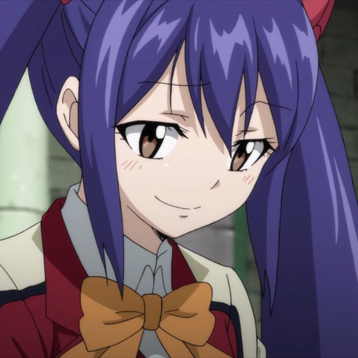 an anime character with purple hair wearing a bow tie