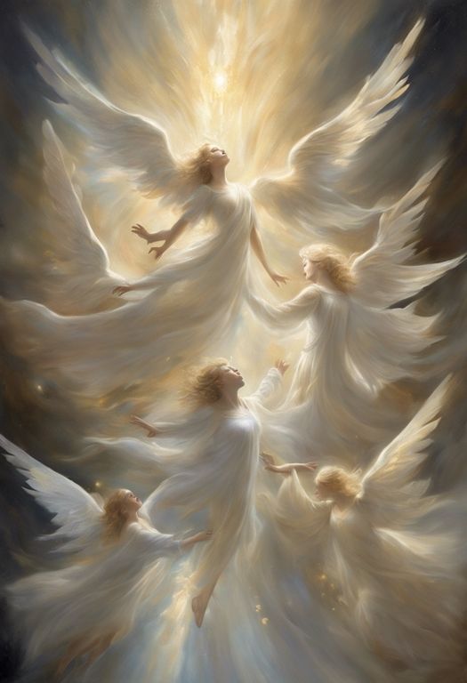 an angel painting with white wings flying through the air