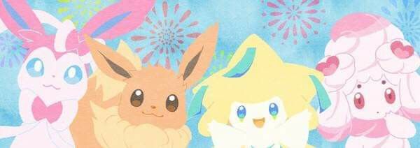 three pokemons are standing in front of fireworks and flowers, one is smiling at the camera