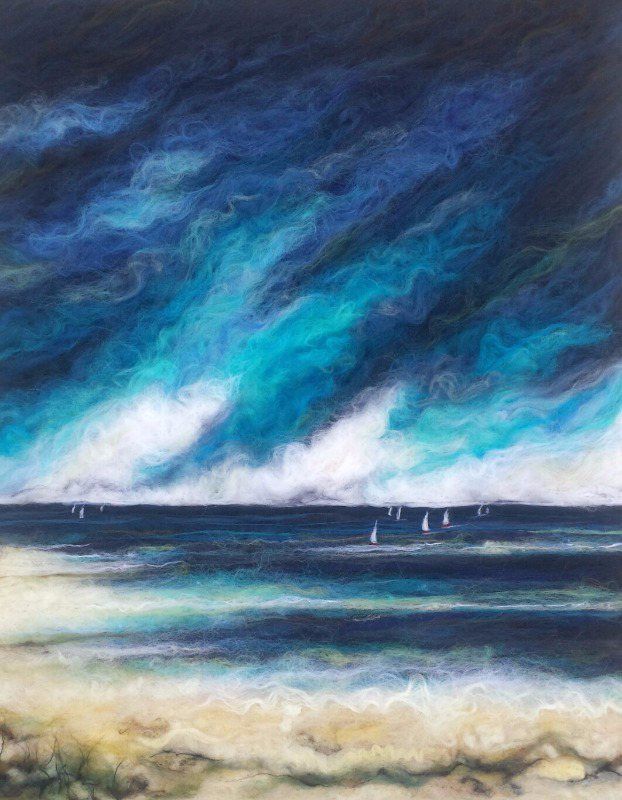 a painting of sailboats on the ocean under a cloudy sky with blue and green colors