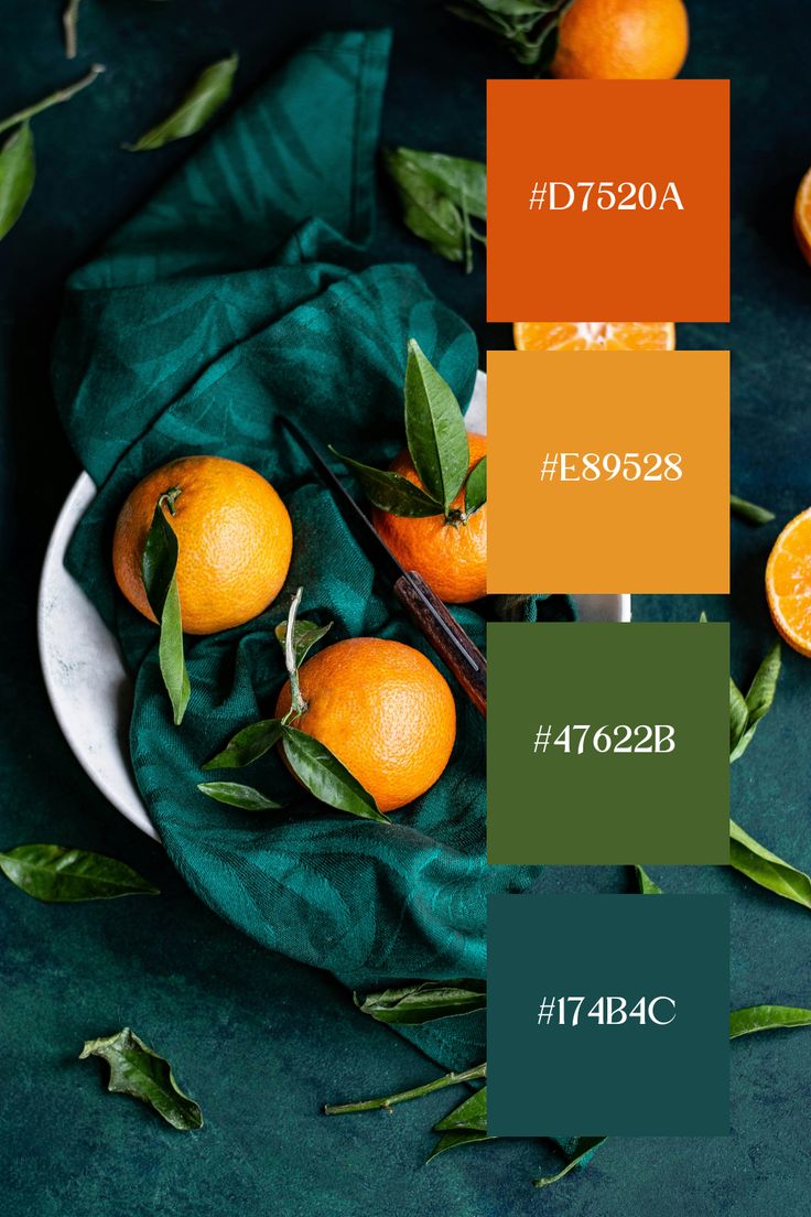 oranges and green leaves on a table with the color chart in front of them