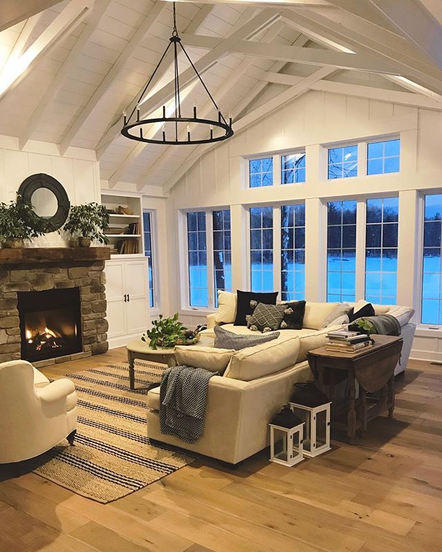 a living room filled with furniture and a fire place in the middle of a room