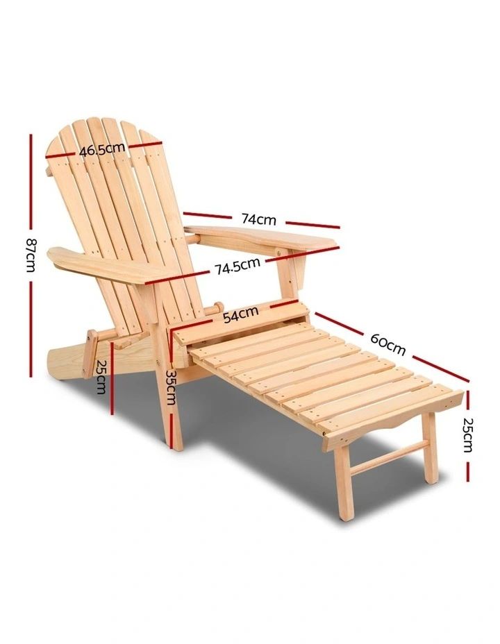 a wooden lawn chair and ottoman with measurements