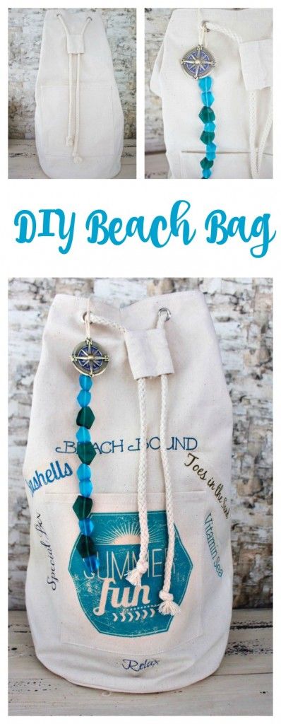 the beach bag is made with white canvas and blue beads