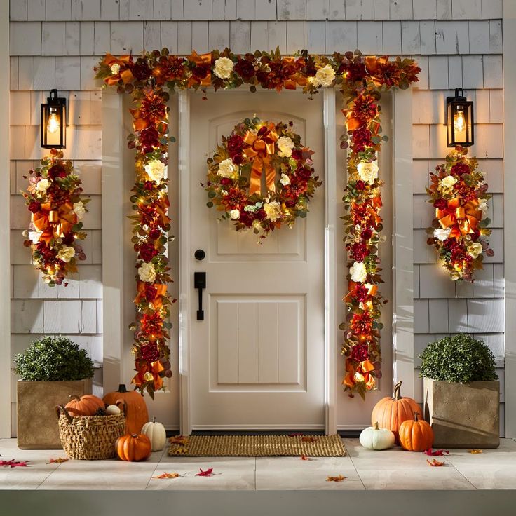 a front door decorated for fall with pumpkins and wreaths on the side wall