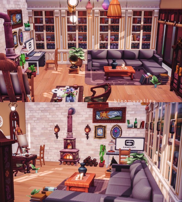 two pictures of a living room with furniture and bookshelves on the walls in different rooms