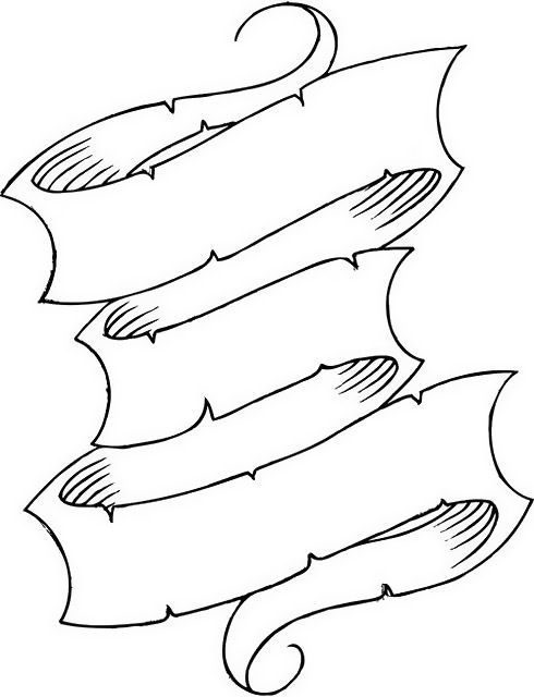 an ink drawing of three scrolled scrolls with the word love written on each side