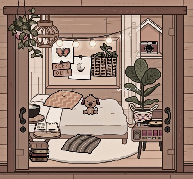 an illustration of a bedroom with a teddy bear on the bed and plants in the corner