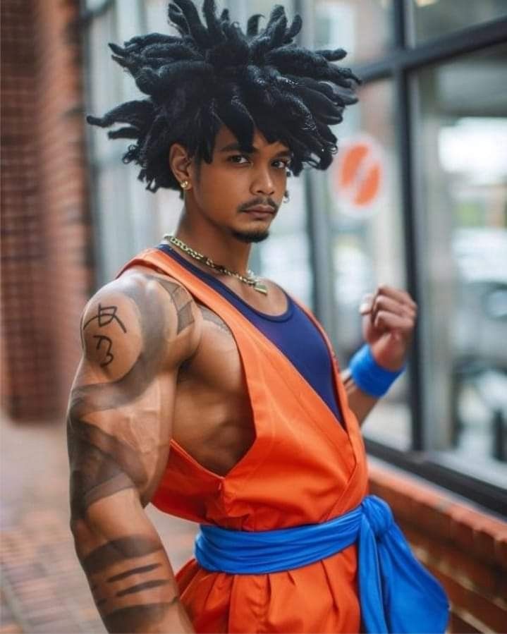 a man with dreadlocks and an orange shirt is standing in front of a window