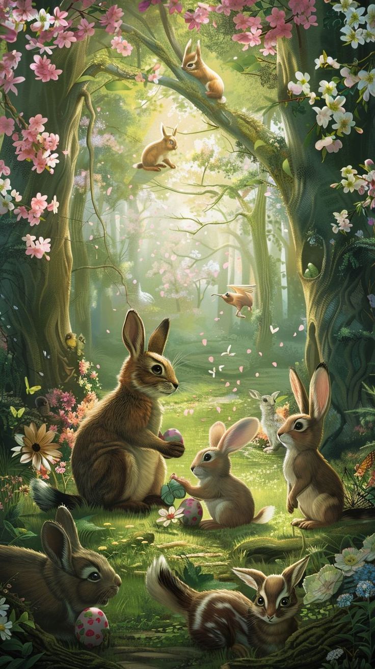 an image of rabbits in the woods with flowers and butterflies around them, all looking at each other