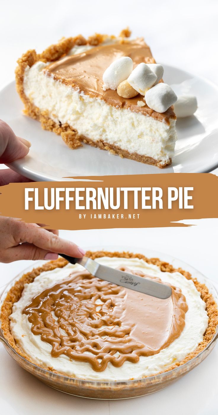 Two images of Fluffernutter pie.  The first shows a slice of pie on a white plate, topped with marshmallows and peanuts.  The second shows the pie with peanut butter drizzled over the top.  An offset spatula is spreading the peanut butter mixture over the pie. Fluffernutter Pie, Marshmallow Filling, Peanut Butter Marshmallow, Pie Pops, Easy Pie Recipes, Peanut Butter Desserts, Easy Pie, Peanut Butter Recipes, Delicious Pies