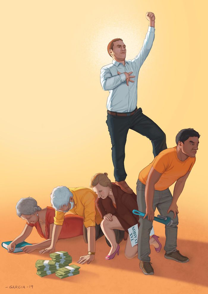 a man standing on top of a pile of money next to other people in orange shirts