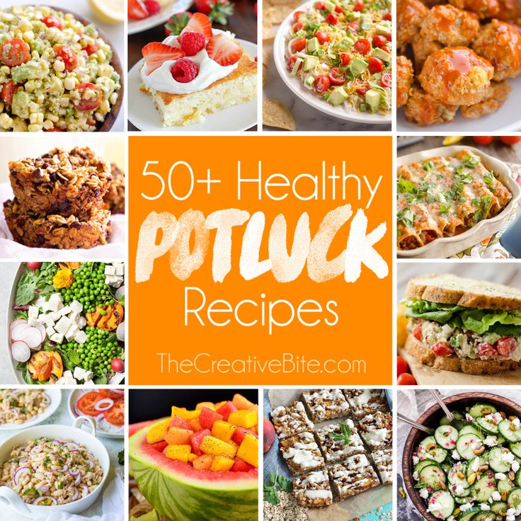 a collage of photos with the words 50 healthy potluck recipes