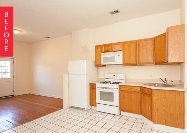 an empty kitchen with wooden cabinets and white appliances in it's new home, before and after remodeling