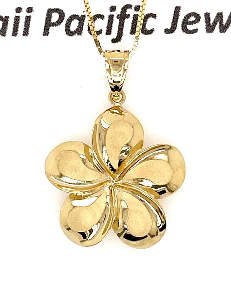 Elegant And Beautiful Hawaiian 14K Solid Yellow Gold 21mm Plumeria Flower Pendant Necklace 18 Inches Sandblast with a High Polished Edge 14 Karat Solid Gold GUARANTEED, Authenticated with a 14K Stamp Made With Highest Quality Craftsmanship 14 Karat Solid Gold Diamond Cut Box Chain Total Weight 1.6 grams 14 Karat Solid Gold Diamond Cut Singapore Link Twist Chain Total Weight 1.2 grams Solid 14K Yellow Gold Plumeria Flower Pendant Total Weight 2.8 grams Width 21 Millimeters Length 29 Millimeters A Flower Shape Jewelry As A Gift With Polished Finish, Flower Shaped Polished Jewelry As Gift, Flower Shaped Jewelry With Polished Finish For Gift, Flower Shaped Polished Finish Jewelry For Gift, Flower Shaped Polished Finish Jewelry As Gift, Flower-shaped Polished Jewelry Gift, Engraved Flower Shape Necklaces, Flower Pendant Necklace, Stamp Making