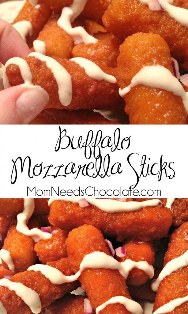 a close up of a plate of food with white icing on it and the words buffalo mozzarella sticks