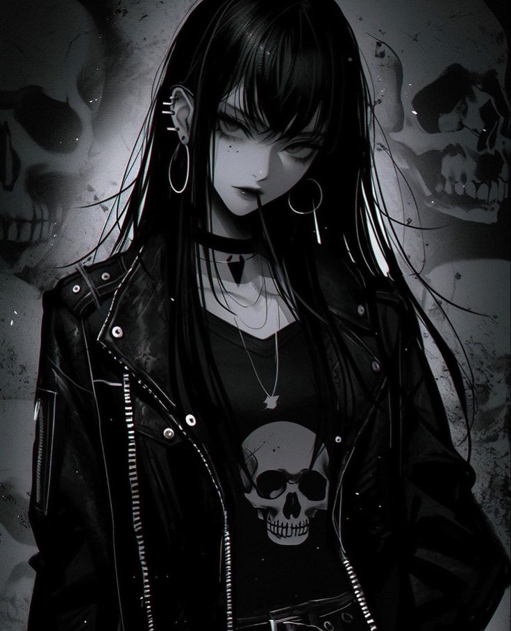 a girl with long black hair wearing a skull t - shirt and leather biker jacket