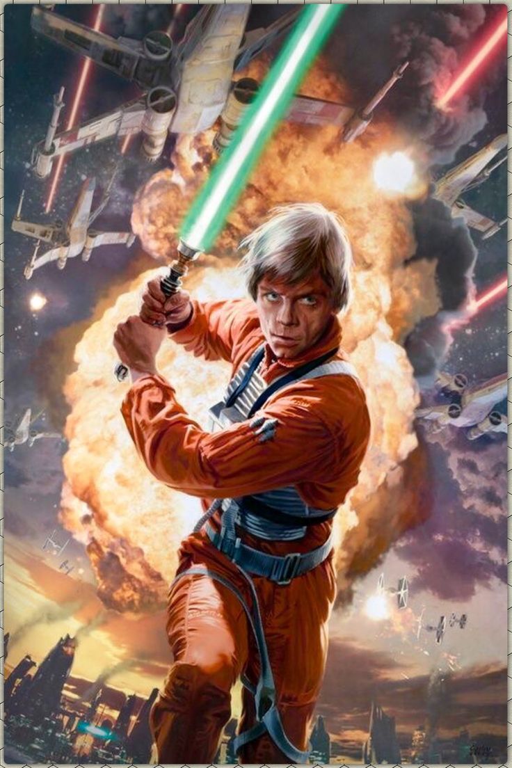 a star wars fan art painting of luke sky walker holding a lightsaben in his hand