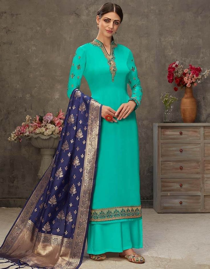 Sky Blue Palazzo style Suit Japan Satin Satin Salwar Kameez, Palazzo Dress, Satin Suit, Palazzo Style, Latest Salwar Kameez, Trouser Suit, Palazzo Suit, Salwar Kamiz, Kareena Kapoor