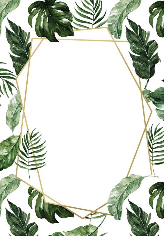 green leaves and gold geometric frame on a white background