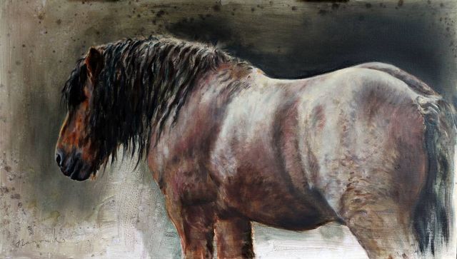 a painting of a brown horse standing in front of a white wall with rusted paint on it