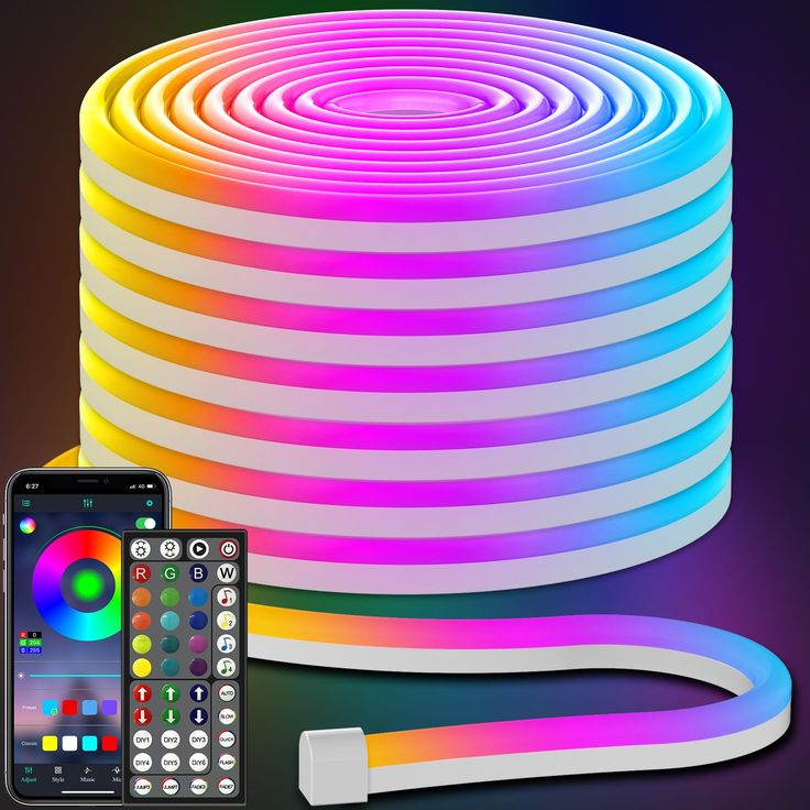 an image of a remote control next to a rainbow colored led strip with the app on it