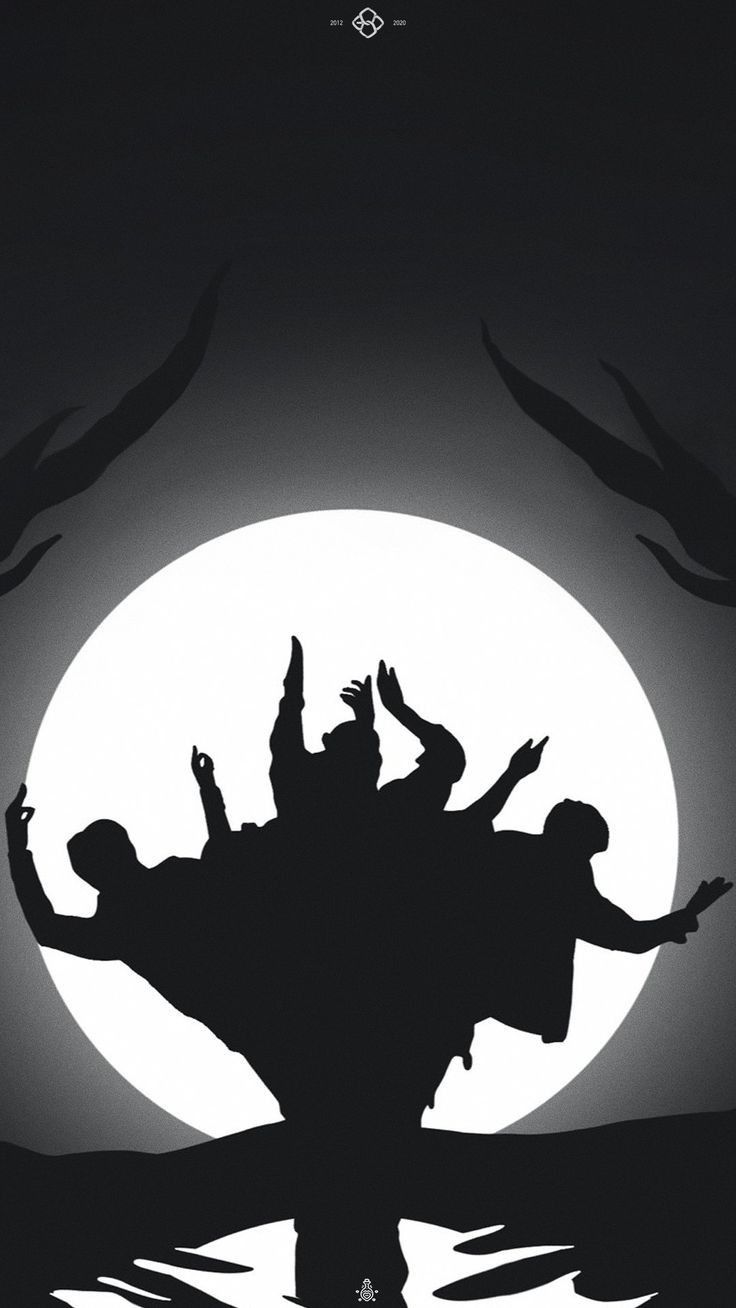 the silhouette of two people standing in front of a full moon with their hands up