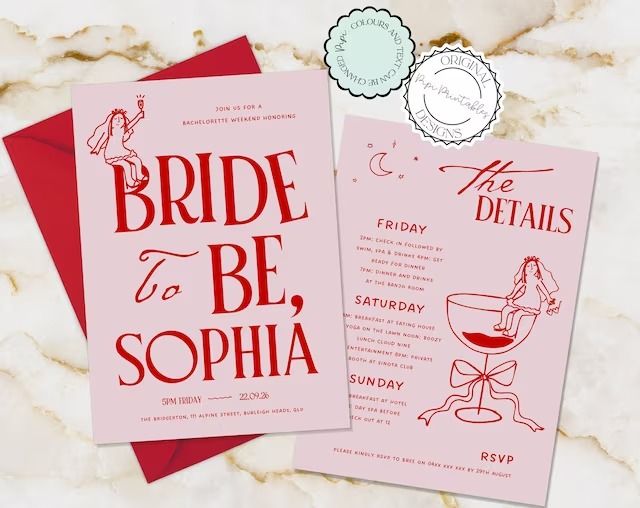 the bride and groom are getting ready to be married in this pink wedding card with red lettering