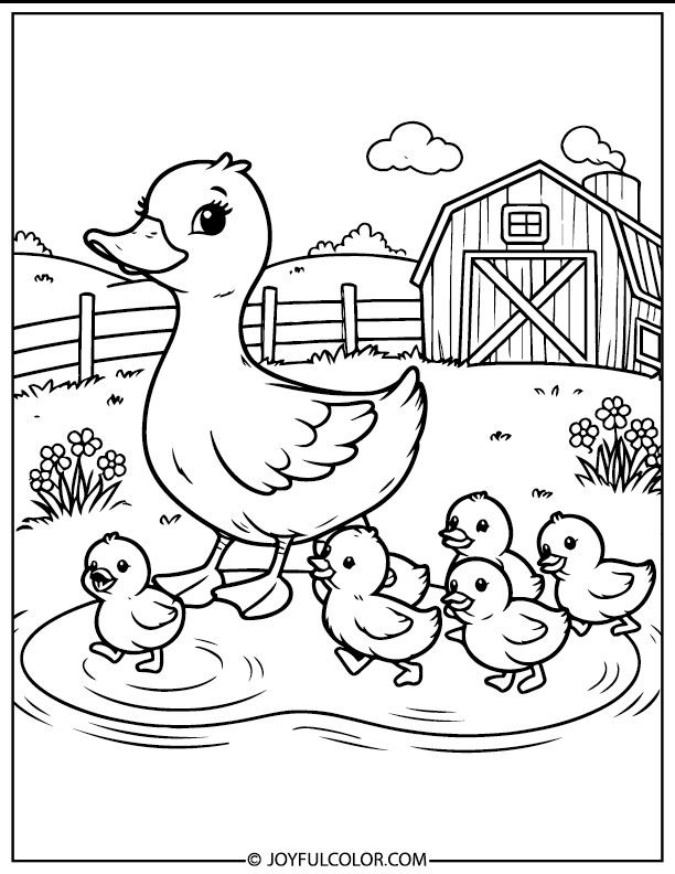 a duck and her babies are swimming in the pond coloring pages for kids to color