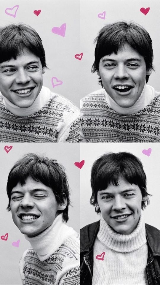 four pictures of a young man with different facial expressions and haircuts, all smiling