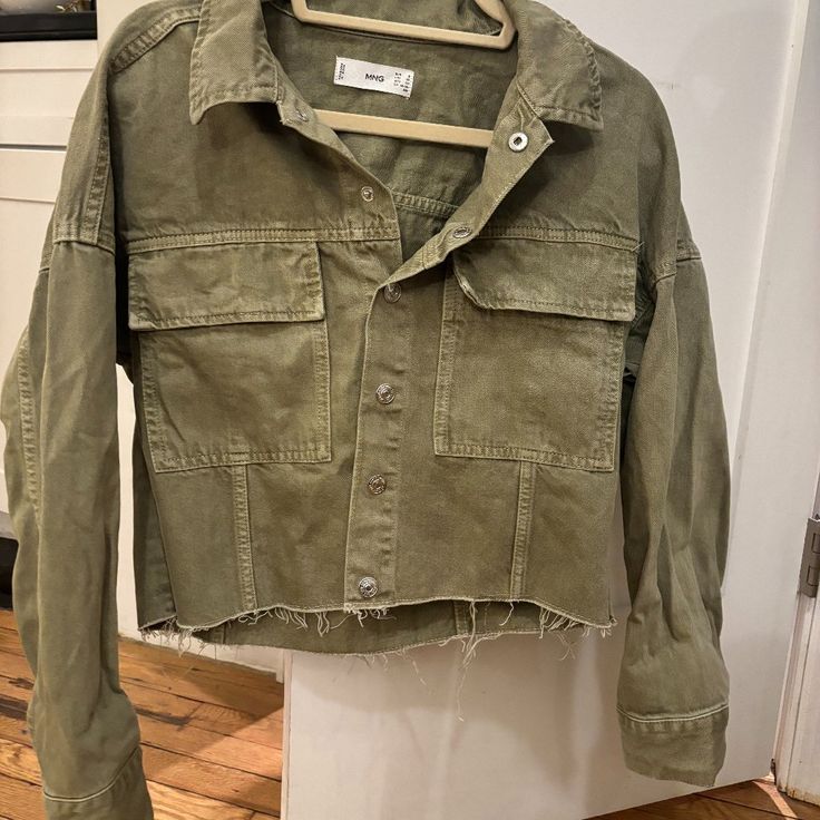 - Brand: Mango - Never Worn, Perfect Condition - Color: Military Green - Size: Xs Cropped, Distressed Trendy Washed Cotton Shacket, Trendy Cotton Shacket Washed, Green Cotton Denim Jacket With Pockets, Casual Cropped Utility Jacket With Pockets, Cropped Cotton Utility Jacket For Fall, Trendy Washed Utility Jacket, Green Button-up Cotton Denim Jacket, Casual Button-up Cropped Jacket For Streetwear, Green Cotton Button-up Denim Jacket