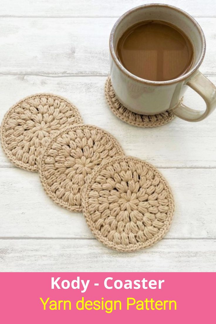 three crocheted coasters next to a cup of coffee